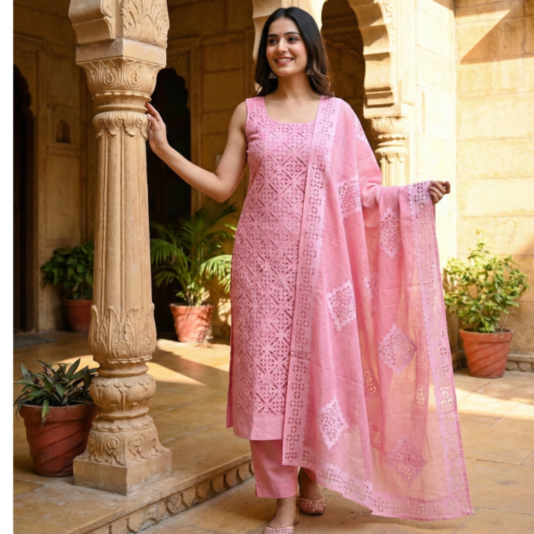 pastel pink applique cutwork unstitched 3 piece suit set