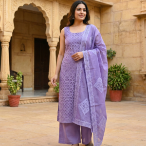 purple applique cutwork unstitched 3 pc suit set