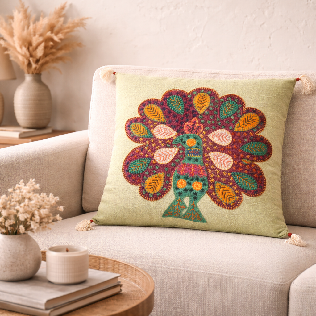 peacock grace pista green applique cushion cover peacock grace pista green applique cushion cover
