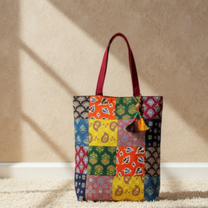colorful ajrakh patchwork tote bag