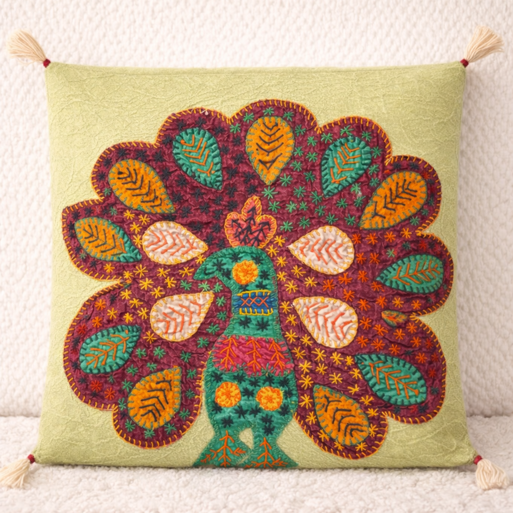 peacock grace pista green applique cushion cover peacock grace pista green applique cushion cover