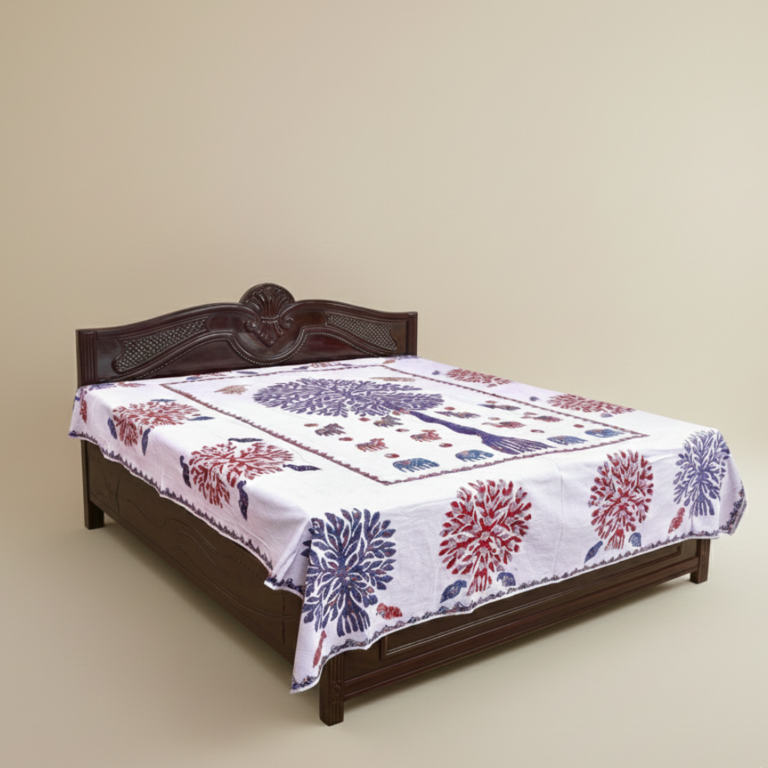 serene tree of life white cotton applique bedsheet
