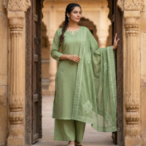 green meadow applique cutwork unstitched 3 piece suit set
