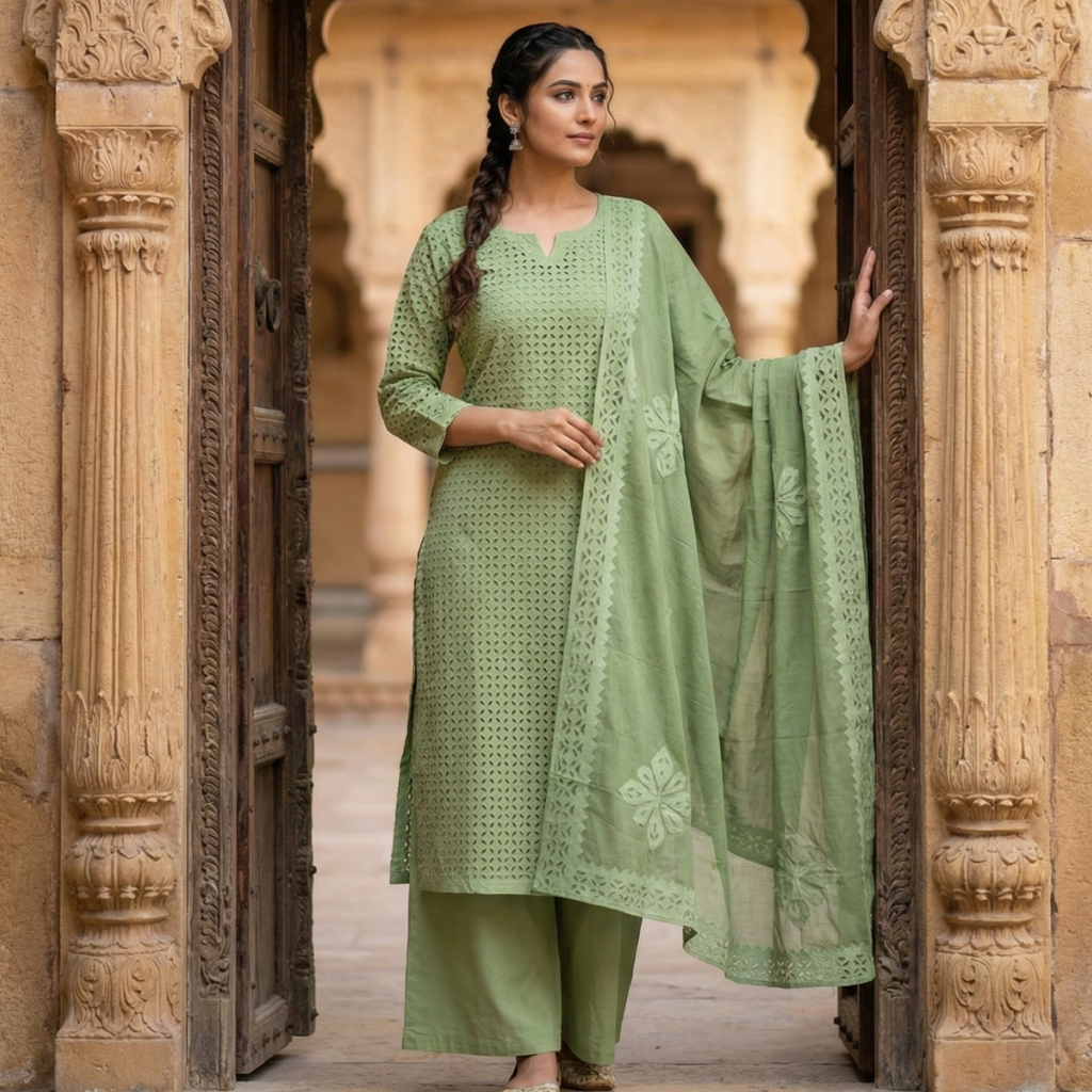 green meadow applique cutwork unstitched 3 piece suit set green meadow applique cutwork unstitched 3 piece suit set