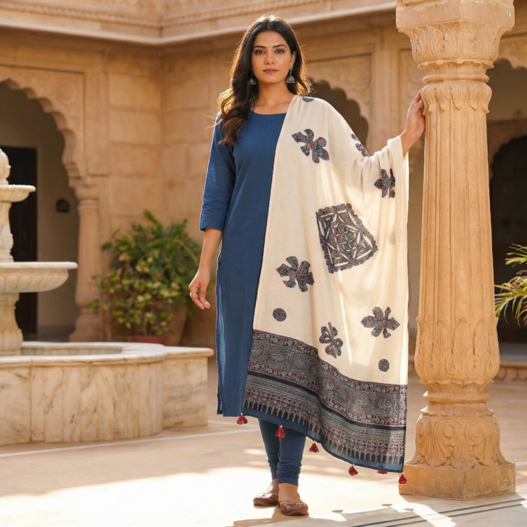 geometric ajrakh patchwork applique dupatta