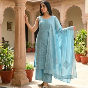pastel blue applique cutwork unstitched 3 piece suit set