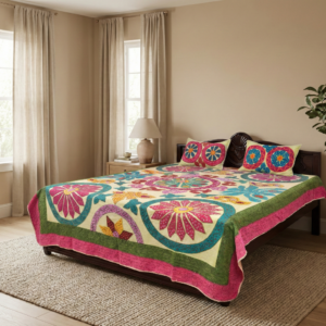 yellow geometric floral applique bedsheet set