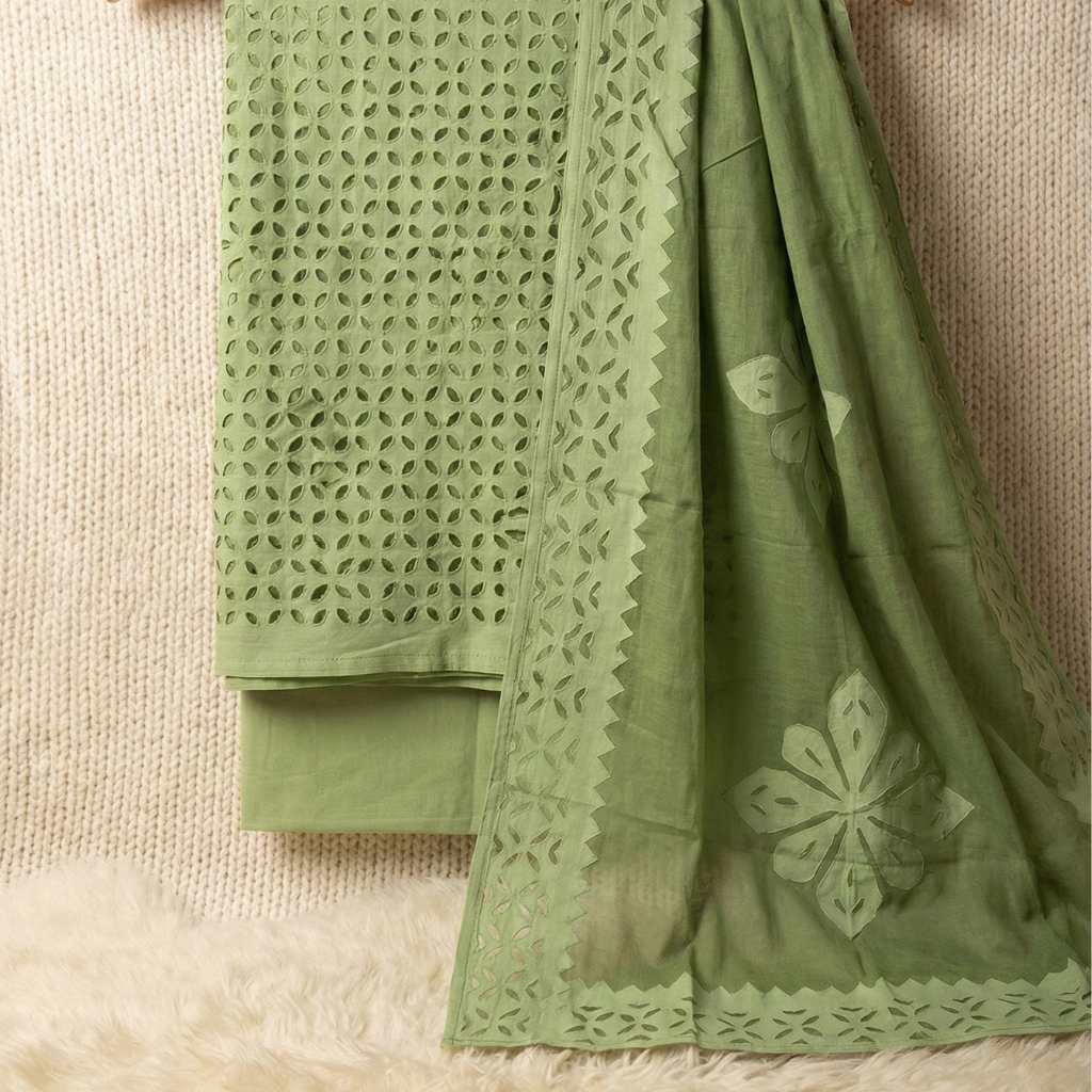 green meadow applique cutwork unstitched 3 piece suit set green meadow applique cutwork unstitched 3 piece suit set