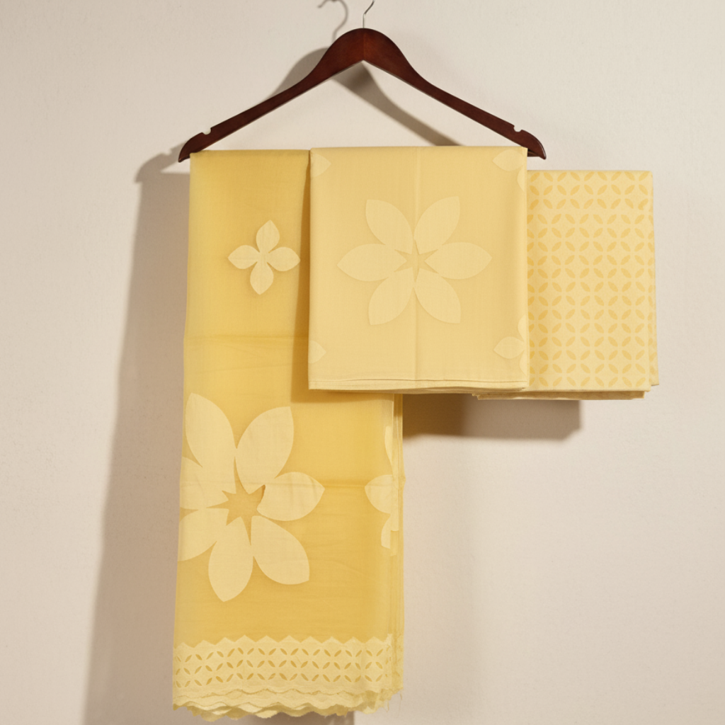 unstitched pastel yellow applique 3 pc suit set unstitched pastel yellow applique 3 pc suit set