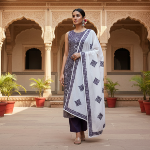 purple blossom applique cutwork unstitched suit set