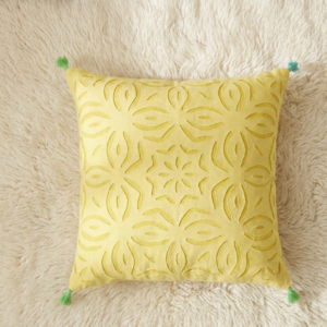 sunny stitch yellow applique cutwork cushion cover