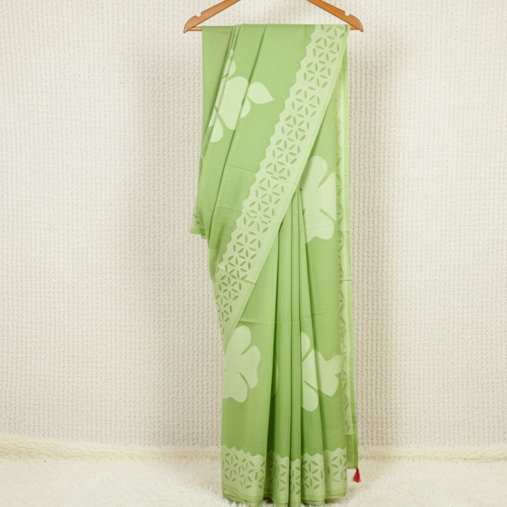 leafy grace pastel green saree with applique cutwork leafy grace pastel green saree with applique cutwork