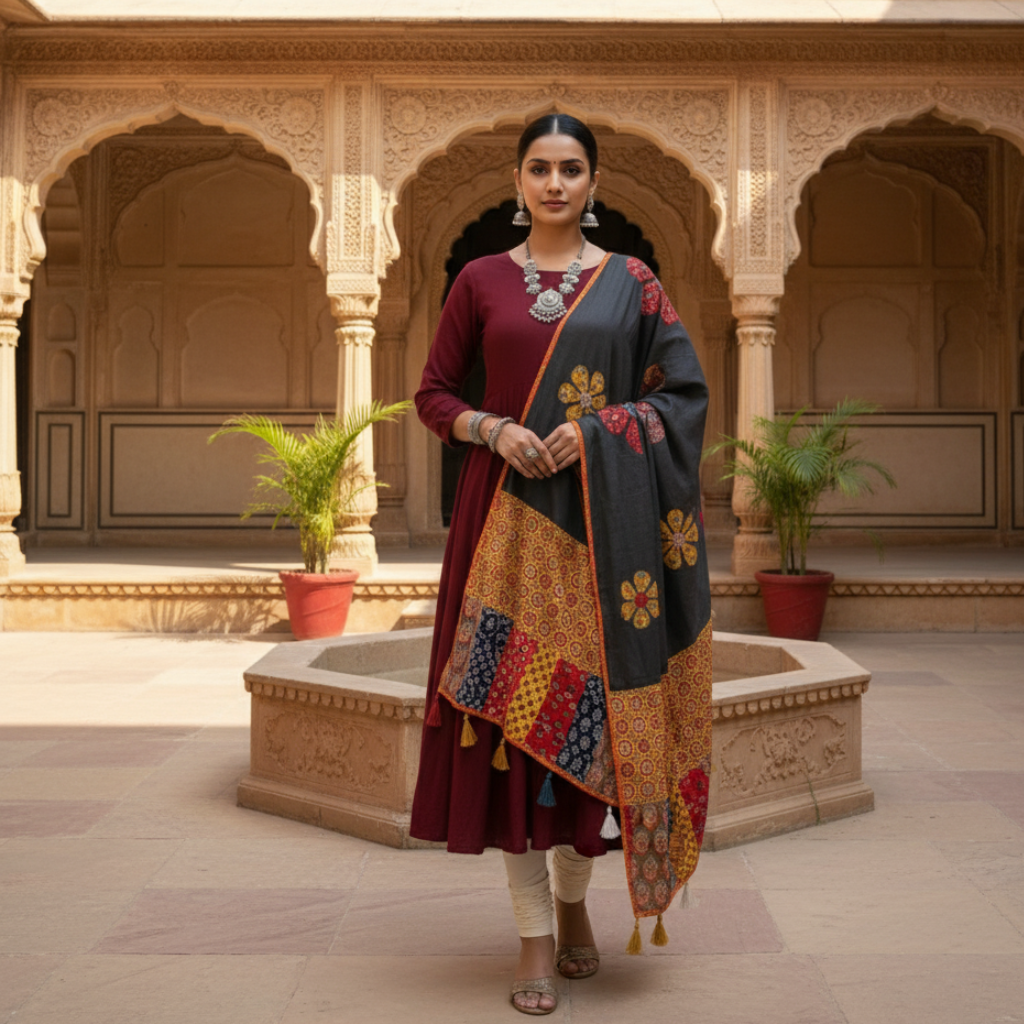 black cotton dupatta with colorful applique patchwork