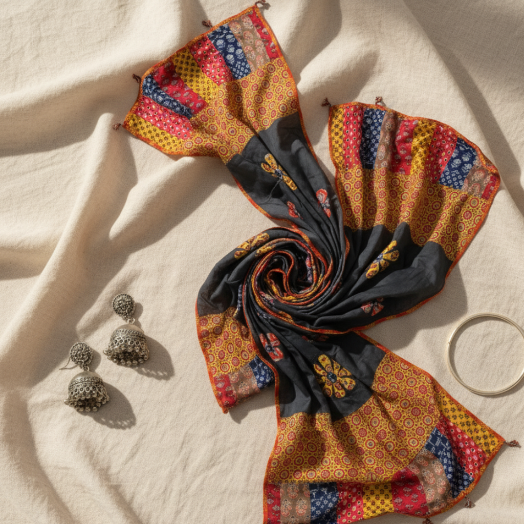 black cotton dupatta with colorful applique patchwork