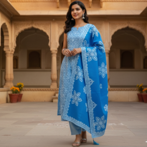 blue cotton unstitched 3 pc suit set with applique work