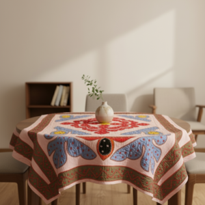 folk crest applique blush pink table cover