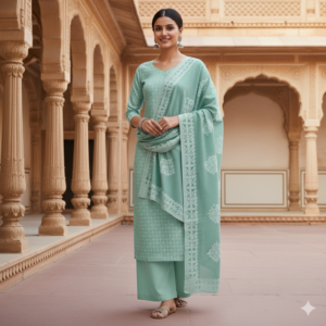 sea green applique unstitched 3 piece suit set