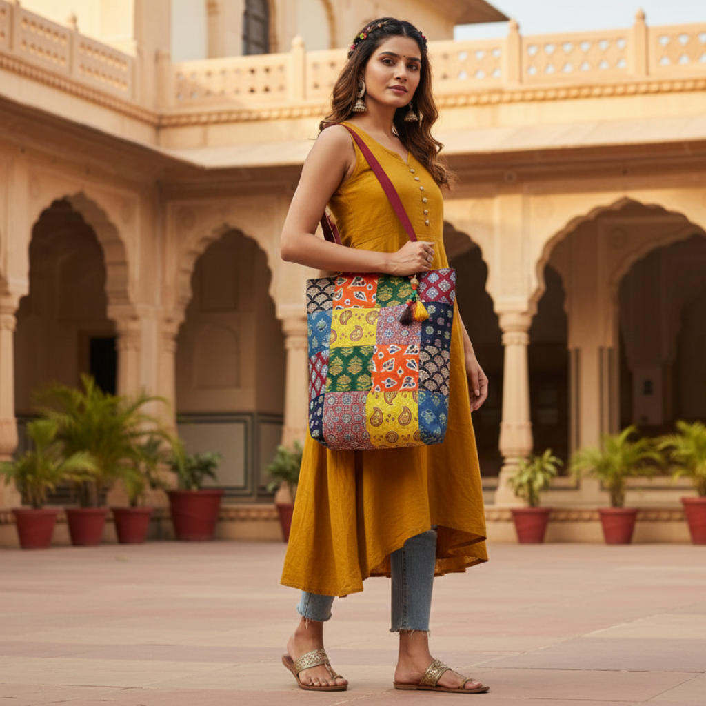 colorful ajrakh patchwork tote bag