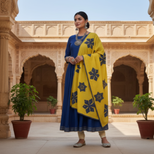 yellow cotton dupatta with floral applique design